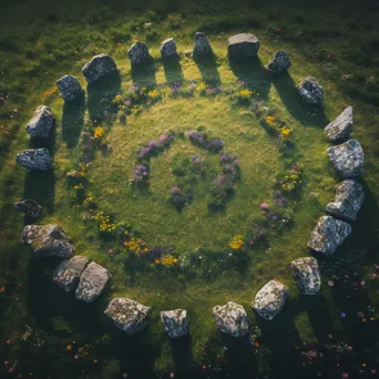 Drone View of Wildflower Field and Stone Circle