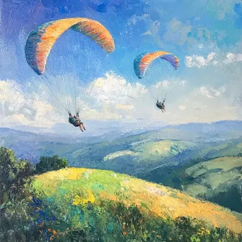 Impressionist painting of paragliders floating above dreamy green hills - Image 1