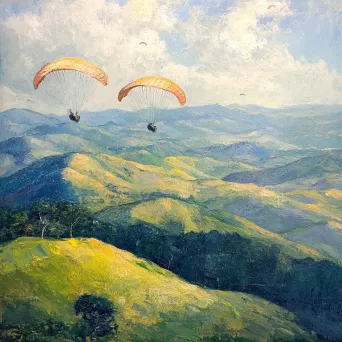 Impressionist painting of paragliders floating above dreamy green hills - Image 4