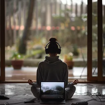 Person meditating while using headphones and a laptop. - Image 1