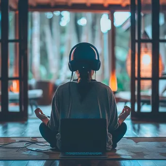 Person meditating while using headphones and a laptop. - Image 2