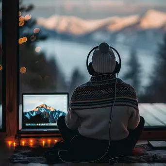 Person meditating while using headphones and a laptop. - Image 3