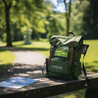 Backpack and travel map on a park bench surrounded by greenery - Image 3