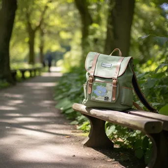 Backpack and travel map on a park bench surrounded by greenery - Image 4