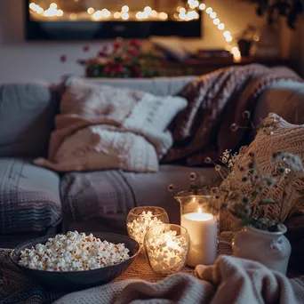 Family enjoying a cozy movie night with blankets and popcorn. - Image 1