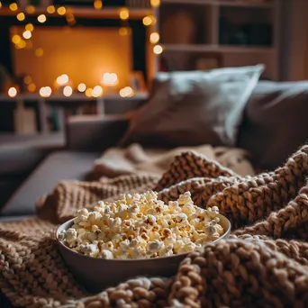 Family enjoying a cozy movie night with blankets and popcorn. - Image 3