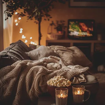 Family enjoying a cozy movie night with blankets and popcorn. - Image 4