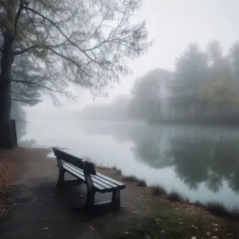 Empty park bench overlooking a serene lake - Image 3