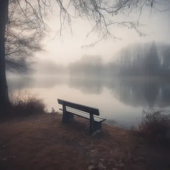 Empty park bench overlooking a serene lake - Image 4