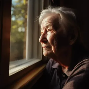 Elderly person looking out window with sad expression depicting social isolation - Image 4