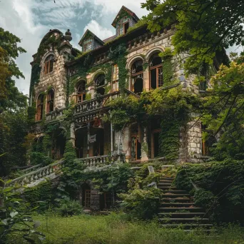 Old abandoned mansion covered in ivy vines, broken windows and overgrown garden - Image 1