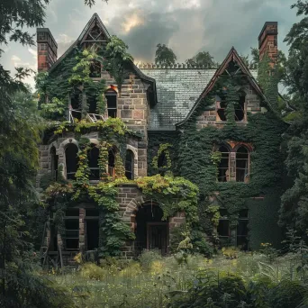 Old abandoned mansion covered in ivy vines, broken windows and overgrown garden - Image 2