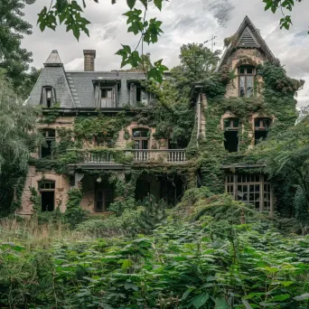 Old abandoned mansion covered in ivy vines, broken windows and overgrown garden - Image 3