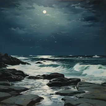 Seascape under moonlight with foamy sea waves hitting a rocky shore - Image 1