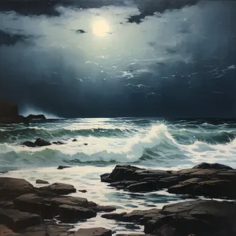 Seascape under moonlight with foamy sea waves hitting a rocky shore - Image 3