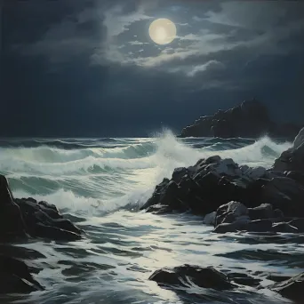 Seascape under moonlight with foamy sea waves hitting a rocky shore - Image 4