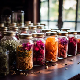 Display of different tea types in glass jars with flowers - Image 1