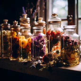 Display of different tea types in glass jars with flowers - Image 2