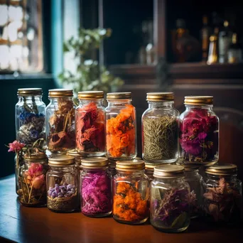 Display of different tea types in glass jars with flowers - Image 3