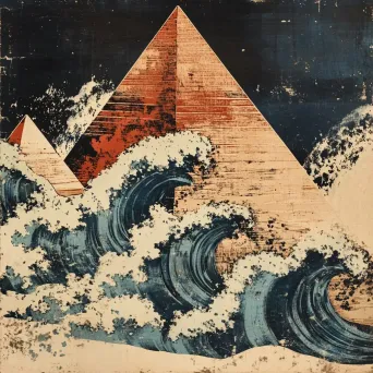 Great Pyramids of Giza illustrated in the ukiyo-e woodblock print style of Katsushika Hokusai - Image 1