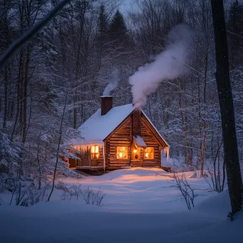 Snow-covered cabin in the woods at dusk - Image 1