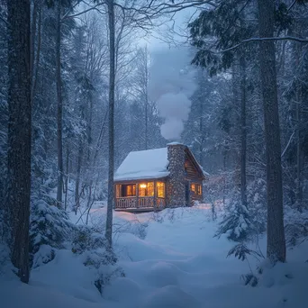 Snow-covered cabin in the woods at dusk - Image 3