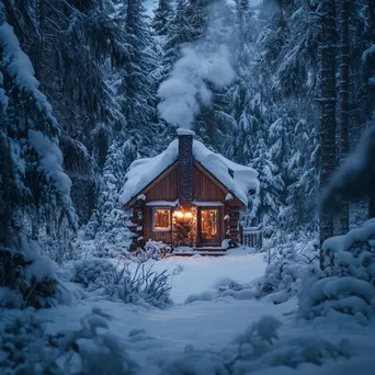 Snow-covered cabin in the woods at dusk - Image 4