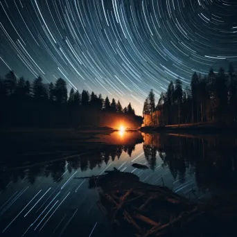 Magical star trails over a tranquil lake reflecting the night sky - Image 1