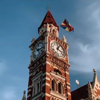 Antique clock tower in town square with flags - Image 3