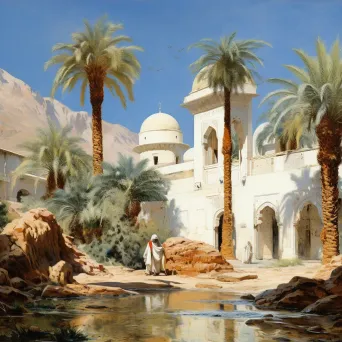 Tranquil desert monastery with oasis, palm trees, and monks in white robes - Image 3