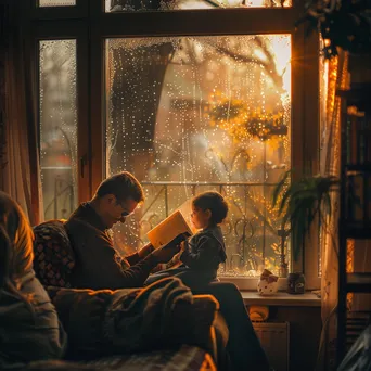 Family reading books together indoors on a rainy day. - Image 1