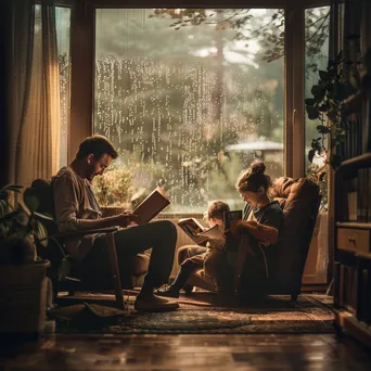 Family reading books together indoors on a rainy day. - Image 3