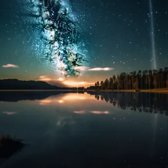 Milky Way galaxy with meteor shower over serene lake with star reflections - Image 3