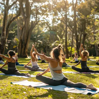 Group of people practicing yoga in a city park - Image 3