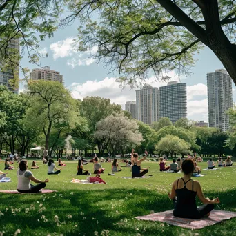 Group of people practicing yoga in a city park - Image 4