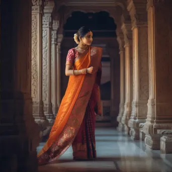 Indian woman in a rich silk saree at a majestic temple - Image 2