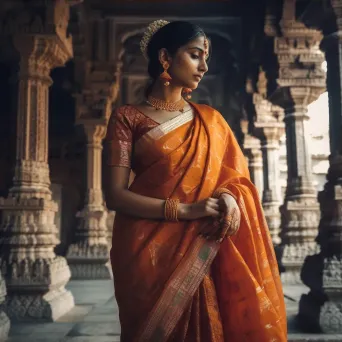 Indian woman in a rich silk saree at a majestic temple - Image 3