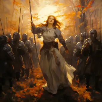 Impressionistic painting of Joan of Arc leading French soldiers into battle during sunset - Image 1