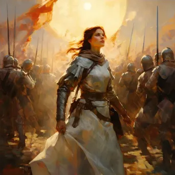 Impressionistic painting of Joan of Arc leading French soldiers into battle during sunset - Image 4