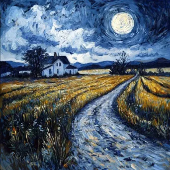 Impressionistic moonlit scene of a classic farmstead with fields bathed in silver light - Image 1