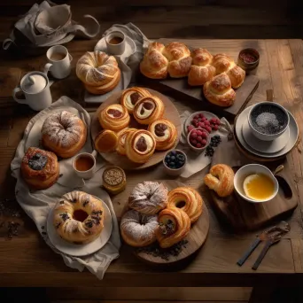 Top-down view of assorted pastries on a wooden table with tea cups and saucers - Image 1