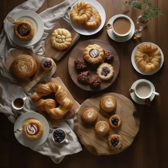 Top-down view of assorted pastries on a wooden table with tea cups and saucers - Image 2