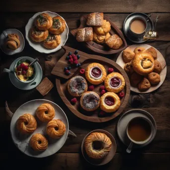 Top-down view of assorted pastries on a wooden table with tea cups and saucers - Image 4