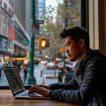 Developer working on a laptop in a coffee shop with city view. - Image 2