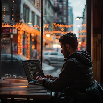 Developer working on a laptop in a coffee shop with city view. - Image 3