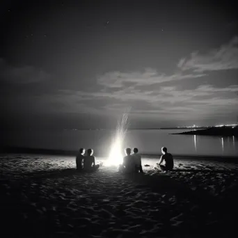 Group gathering around bonfire on summer night beach - Image 1