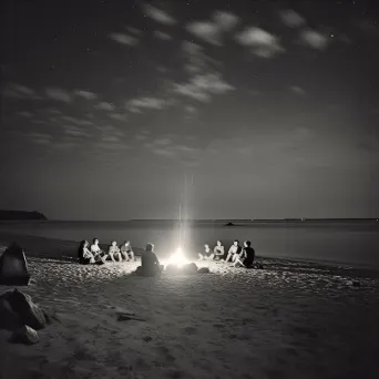 Group gathering around bonfire on summer night beach - Image 4