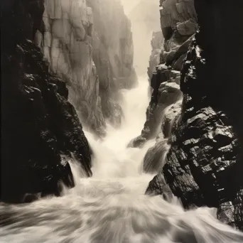 Illustration of a flash flood sweeping through a narrow canyon with water rushing over rocks. - Image 1