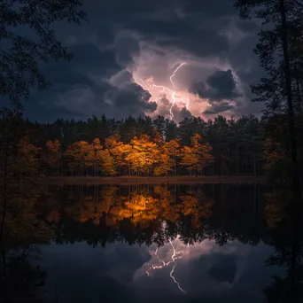 Thunderstorm with vivid lightning over an autumn forest. - Image 1