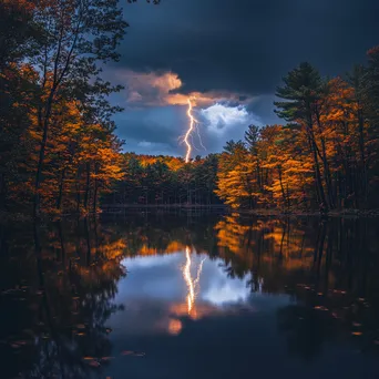 Thunderstorm with vivid lightning over an autumn forest. - Image 2